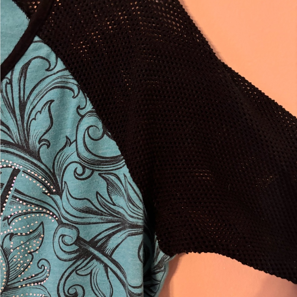 Harley Davidson Womens XL Teal Sequin Pattern Mesh Half Sleeve Size Coos Bay, OR - Picture 6 of 7